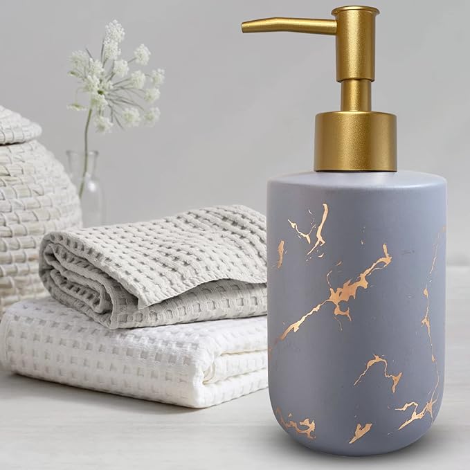 Gold Ceramic Soap Dispenser With Marble Pattern for Bathroom and Kitchen - Liquid Hand Pump Bottle (Grey)
