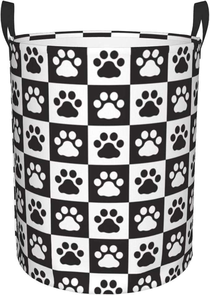 Black And White Dog Paws Laundry Hamper Bag With Waterproof Liner - Checkered Round Laundry Basket Foldable Clothes Storage Organizer For Bathroom Bedroom Nursery Dorm, S-16.5"X 13.8"