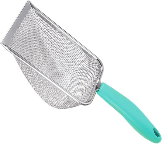 HLMOptimo Cat Litter Scoop Stainless Steel Mesh Scooper Long Handle Deep Shovel Non-Stick Coated Metal Litter Scoop for Litter Box Kitten Pooper Lifter (Cyan, 2 mm mesh)