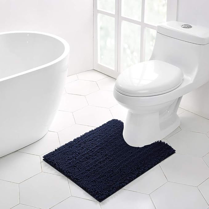 Walensee Bathroom Contour Rug Non Slip Toilet U Shaped Bath Mat (20x24, Navy) Water Absorbent Super Soft Shaggy Chenille Machine Washable Dry Extra Thick Perfect Absorbant Best Plush Carpet