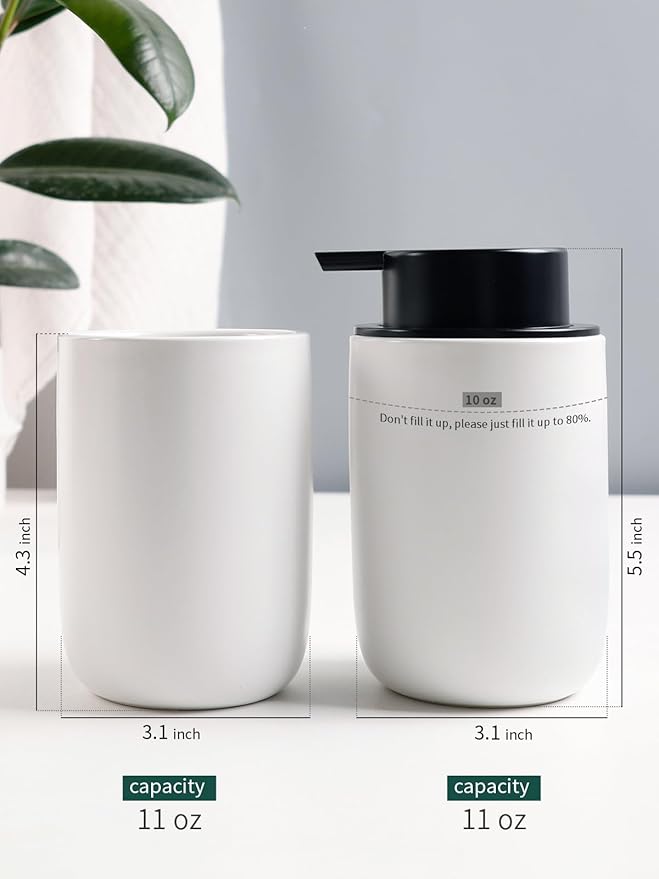 Bosilunlife Soap Dispenser and Toothbrush Holder Set - 11Oz Foam Soap Dispenser Pump Ceramic Bathroom Counter Soap Toothbrush Holder Set White Bathroom Accessories Set