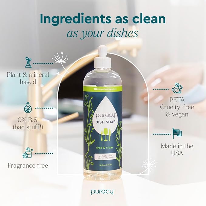 Puracy Natural Dish Soap Packs- Unscented Skin-Softening Plant-Based Dishwashing Soap, Non-Toxic Dish Soap, Fragance Free Organic Liquid Dishwashing Detergent Soap (Unscented, 16 fl oz, 3 Pack)