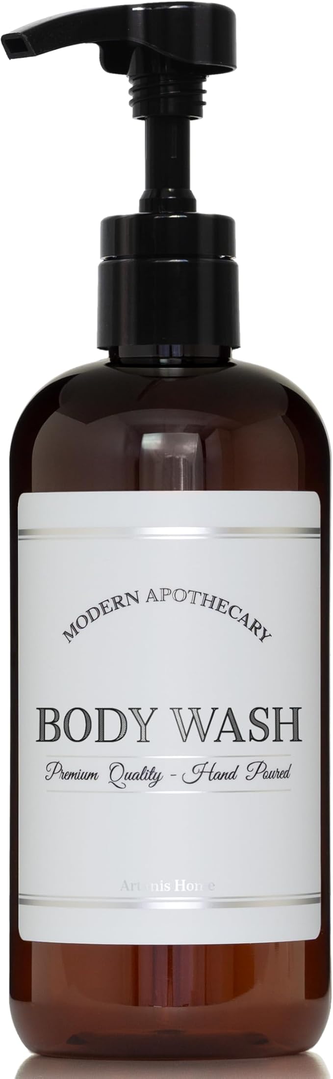 Refillable Amber PET Plastic 16 oz Body Wash Bottle with High Output Black Plastic Pump Dispenser - Chrome Accent Waterproof Labeled Bottle