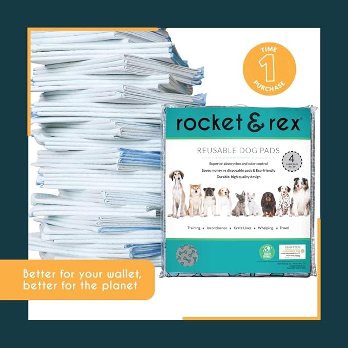 rocket & rex Premium Washable Pee Pads for Dogs, Waterproof & Reusable Puppy Pads for Potty Training, Whelping, Lining Crates & More, Guaranteed for up to 300 Washes, 30" x 36" (Pack of 4)