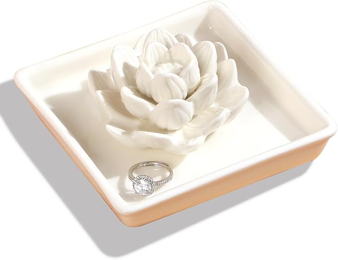 PUDDING CABIN White Lotus Ring Holder Dish, Jewelry Holder for Rings Earrings Necklace Bracelets Organizer, Birthday Wedding Christmas White Valentine's Day Gifts for Women Her