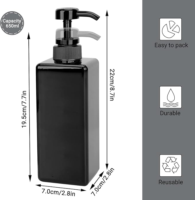 Suream 22oz/650ml Large Plastic Pump Bottles for Shampoo, Bathroom Shower Dispensers, Empty Refillable Cosmetic Pump Dispenser for Lotion, Creams, Body Moisturizer, Massage Oil, Hand Wash, Soap, Black