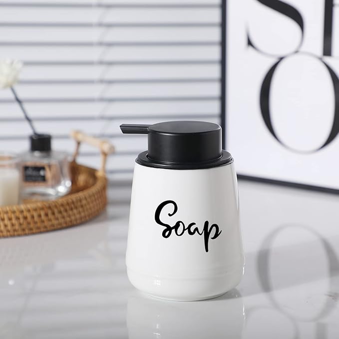 LEETOYI Bathroom Countertop Dispensers Modern Ceramic Soap Lotion Dispenser Bottles, Hand Soap Dispenser for Bathroom, Dish Soap Dispenser for Kitchen, Easy to Press Pump (White, Labeled Soap)