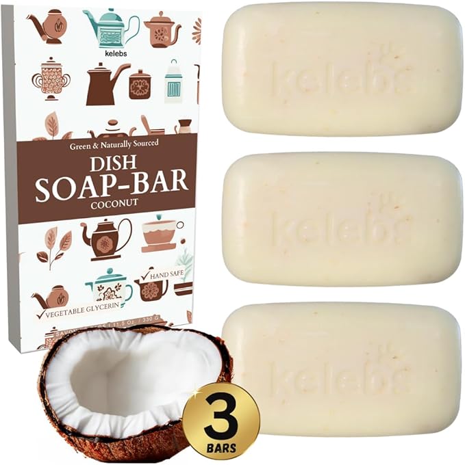 KELEBS Coconut Dish Soap Bar - Organic, Pack of 3 - (3.8 oz each), Skin-Safe, Non-Toxic, Sustainable Kitchen Soap - Zero Waste