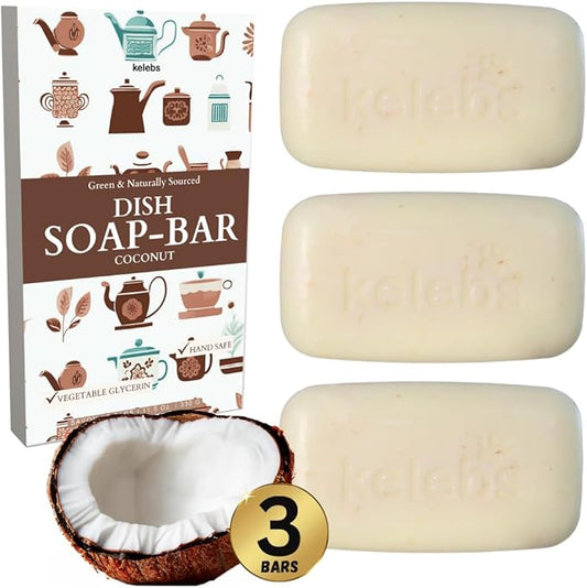 KELEBS Coconut Dish Soap Bar - Organic, Pack of 3 - (3.8 oz each), Skin-Safe, Non-Toxic, Sustainable Kitchen Soap - Zero Waste