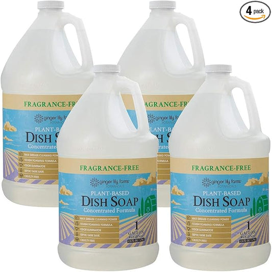 Ginger Lily Farms Botanicals Plant-Based Liquid Dish Soap, Concentrated Formula with Max Grease Cleaning Power, Cruelty-Free, Fragrance-Free, 1 Gallon Refill (Pack of 4)