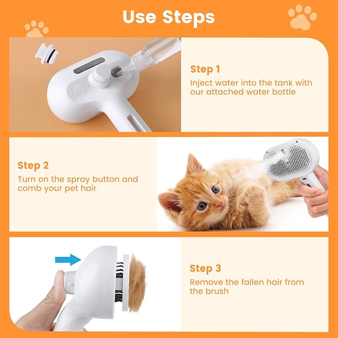 3 in 1 Cat Steam Brush, Pet Steam Brush for Cat Dog Long Short Haired, Pet Spray Hair Removal Comb for Small Animals Shedding & Grooming, Water Mist Spray Brushes with Release Button(White)