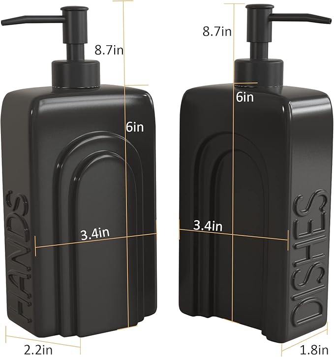 Ceramic Soap Dispenser Set, 2 Pack Kitchen Dispenser with Funnel, Non-Slip Silicone Pads, Liquid Hand and Dish Soap for Kitchen, Bathroom, Matte Black