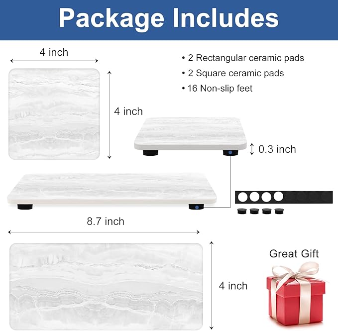 4 Pack Water Absorbing Stone Drying Tray for Bathroom Sink Trays Kitchen Counter Diatomite Stone Quick Dry Diatomaceous Earth Mat for Sink Kitchen Soap Trays Ceramic Marble Bathroom Vanity Tray