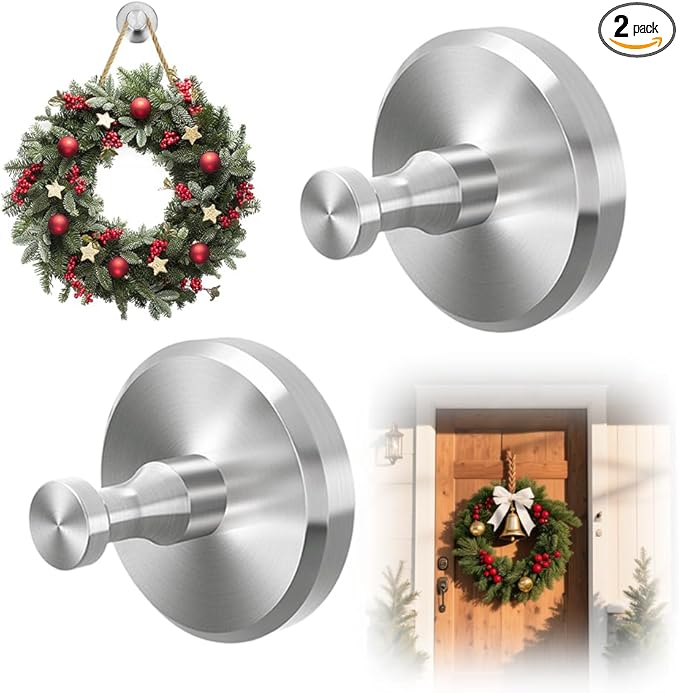 2025 New Suction Cup Hooks for Wreaths, Upgraded No Drill Suction Cup Wreath Hanger, Waterproof Suction Cup Wreath Holder Towel Hooks for Window Bathroom Mirrors Shower (2, Silver)
