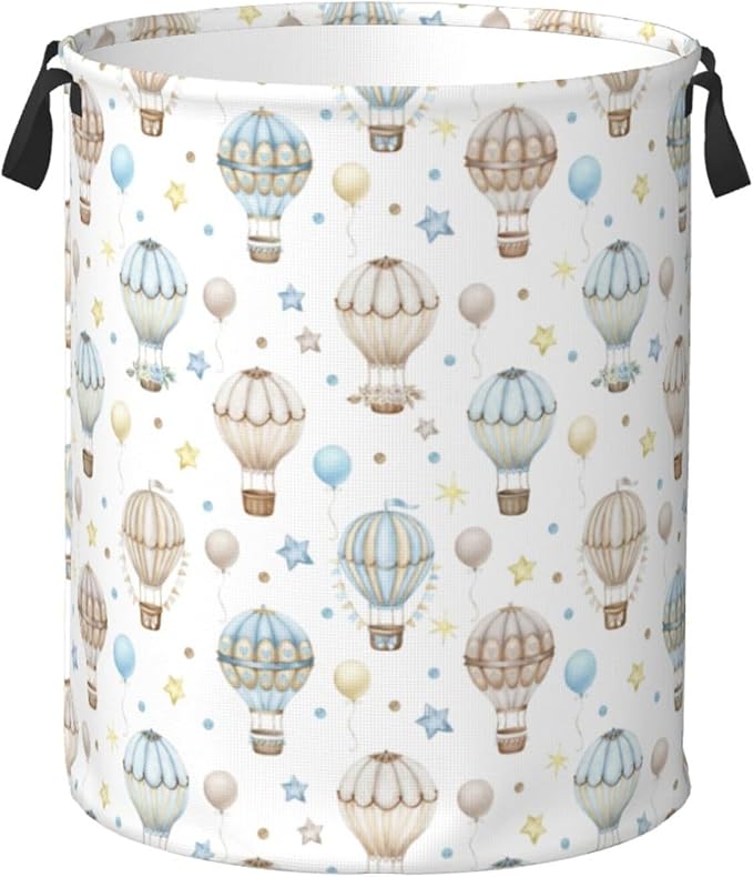 Cute Hot Air Balloon Stars Laundry Hamper Bag With Waterproof Liner - Round Laundry Basket Foldable Clothes Storage Organizer For Bathroom Bedroom Nursery Dorm, S-16.5"X 13.8"
