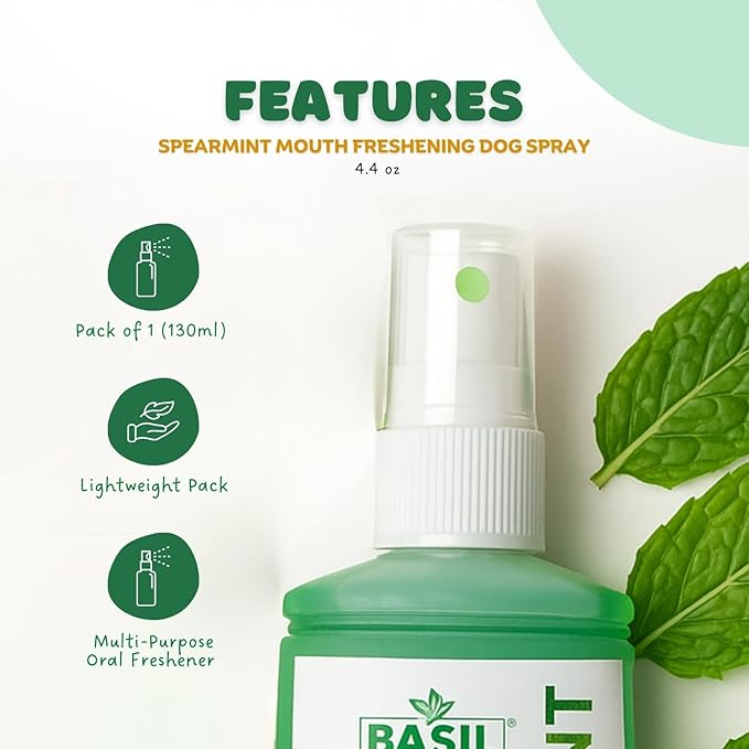 BASIL Dog Oral Care Spray – 4.4 oz | Spearmint Flavor Mouth Freshener for Dogs | for Cleaning Teeth, Gums & Fresh Breath | Easy-to-Use Dental Spray for Everyday Use