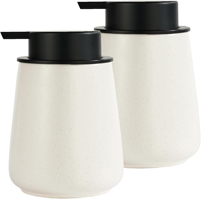 12Oz Beige Soap Dispenser Set - Ceramic Speckled Lotion Hand Soap Dispenser Set with Easy-to-Press Black Pump, Refillable Mordern Liquid Dish Soap Dispensers for Bathroom & Kitchen, 2 Pack