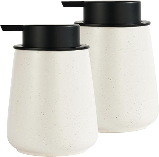 12Oz Beige Soap Dispenser Set - Ceramic Speckled Lotion Hand Soap Dispenser Set with Easy-to-Press Black Pump, Refillable Mordern Liquid Dish Soap Dispensers for Bathroom & Kitchen, 2 Pack