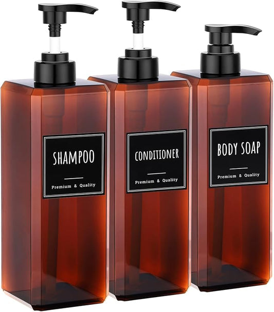 Segbeauty 33.8oz Amber Soap Dispenser Bathroom, 3pcs Plastic Soap Dispenser with Labels, Pump Bottles for Shampoo and Conditioner, 1000ml Large Square Lotion Pump Bottle Refillable Body Wash Container