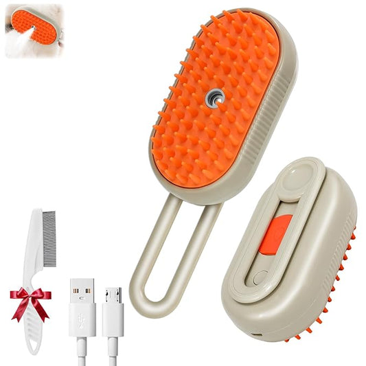 2025- New cat steam brush, 4-in-1 cat steam brush, for massaging and cleaning fallen pet hair, suitable for cats, dogs, rabbits and other pets (khaki + white) -2 pieces (Khaki color)