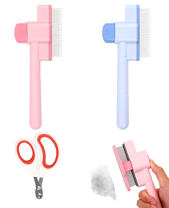 3 Pcs Pet Flea Comb Set, Self Cleaning Pet Comb with Stainless Steel Teeth, Flea Brush for Cat & Dogs with Scissors