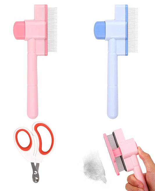 3 Pcs Pet Flea Comb Set, Self Cleaning Pet Comb with Stainless Steel Teeth, Flea Brush for Cat & Dogs with Scissors
