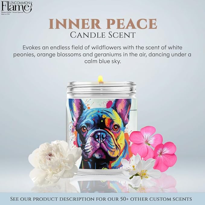 100% Handmade Non-toxic Soy Wax Candle, Floral Scent, 120hr Burn, Soot Free, Cotton Wick, 16 oz - Gift for Dog Moms & Dads, French Bulldog Lovers (Frenchie, Inner Peace)