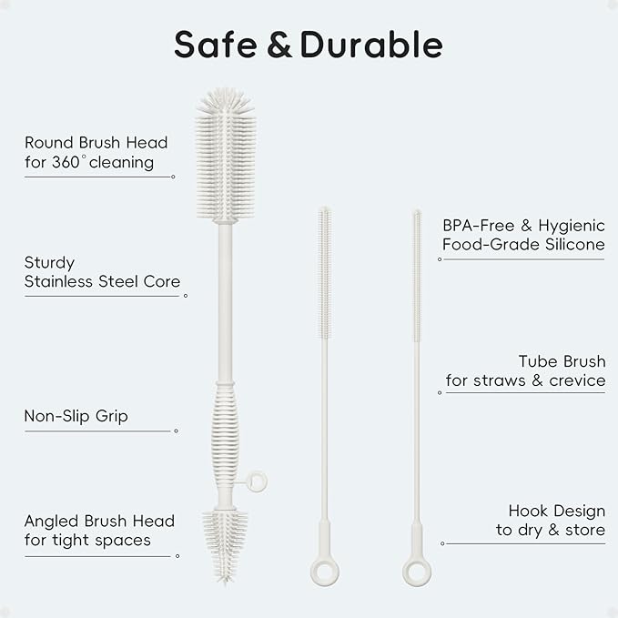 Baby Bottle Brush and Straw Cleaner Brush Set, Extra Long Double-Ended Soft Silicone Brush Cleaner for Baby Bottles, Water Bottles, Cups, Breast Pumps, Detachable & Hangable
