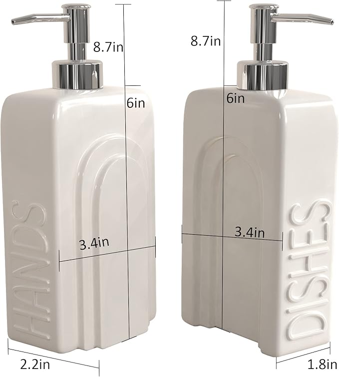 Soap Dispenser Set with Stainless Steel Pump, 2 Pack Ceramic Refillable Dish Soap and Hand Soap Dispenser for Kitchen, Bathroom, Matte White