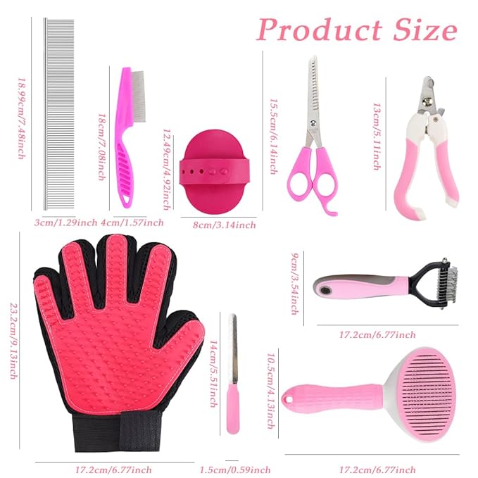 Dog Grooming Brush Shedding Kit, 10 Pcs All In One Pet Self Cleaning Kit with Slicker Brush, Deshedding Tool, Dog Grooming Scissors, Pet Nail Clippers and File for All Breeds of Dogs and Cats