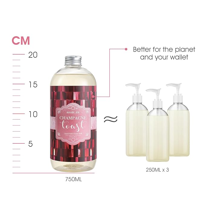 ROMIIE ZOI Liquid Hand Soap Refills Gift Set – Champagne – 3 x 26Fl Oz Bottles – Plant-Based, Non-Toxic, Gentle & Moisturizing Formula with Essential Oils – for Bathroom, Kitchen & Holiday Gifting