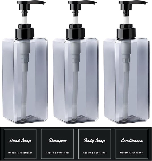 Suream 22oz Empty Plastic Bottles for Shampoo with Lables, 3Packs Bathroom Shower Containers, Refillable & Reusable Lotion Dispenser, Pump Press Bottles for Kitchen, Office, Hotel, Travel, SPA