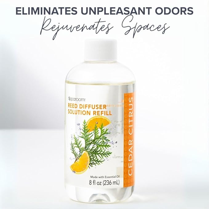 SpaRoom Reed Diffuser Oil Refill – Cedar Citrus Scent, 8oz Bright and Earthy Blend with Lemon Essentials, Invigorating Aroma for Home, Spa, or Office, Long Lasting Fragrance Solution