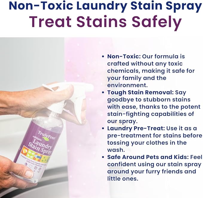 Truly Free Laundry Stain Remover Spray for Clothes - Removes Tough, Dried-In Stains on Whites & Colors -Natural Ingredients - Gentle Yet Powerful - Includes 3 oz Refill & Empty Refillable Bottle