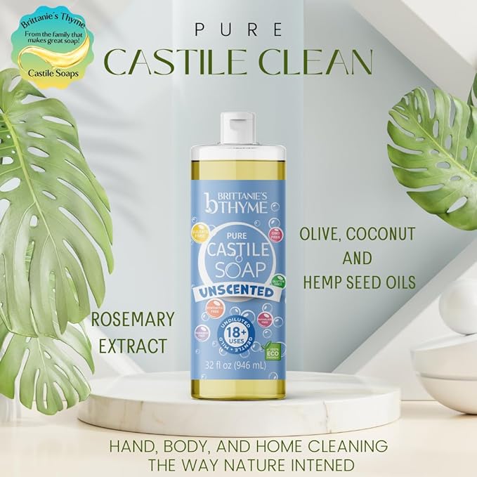 Brittanie’s Pure Castile Liquid Soap Refill, Unscented, 32 Ounce Pack of 2 | Dish Soap, Hair & Body, Home, Gentle and Pure, Made with Natural Luxurious Oils, Vegan & Gluten Free Non-GMO
