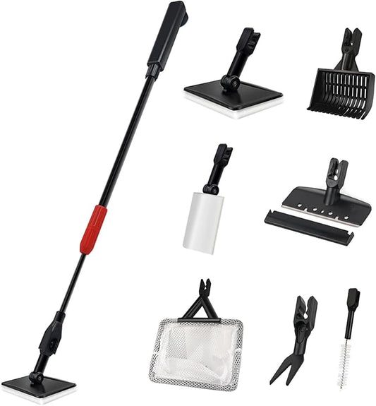 Aquarium Cleaning Tools, 7 in 1 Fish Tank Cleaning Kit with Adjustable Long Handle,Aquarium Sponge Brush, Scraper Cleaner,Fish Net,Tube Brush,Fork,Gravel Rake for Fish Tank Cleaner
