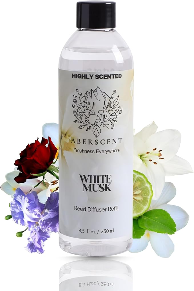 White Musk Aberscent Premium Reed Diffuser Oil Refill (8.5 Fl Oz/250ml) – Long-Lasting Fragrance Oil for Home, Office & Spa – Relaxing Scent, Luxury Hotel-Style Aroma