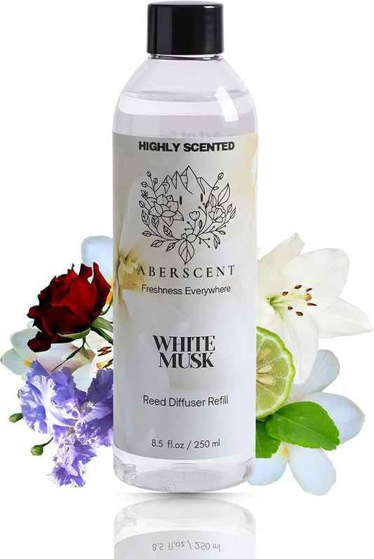 White Musk Aberscent Premium Reed Diffuser Oil Refill (8.5 Fl Oz/250ml) – Long-Lasting Fragrance Oil for Home, Office & Spa – Relaxing Scent, Luxury Hotel-Style Aroma