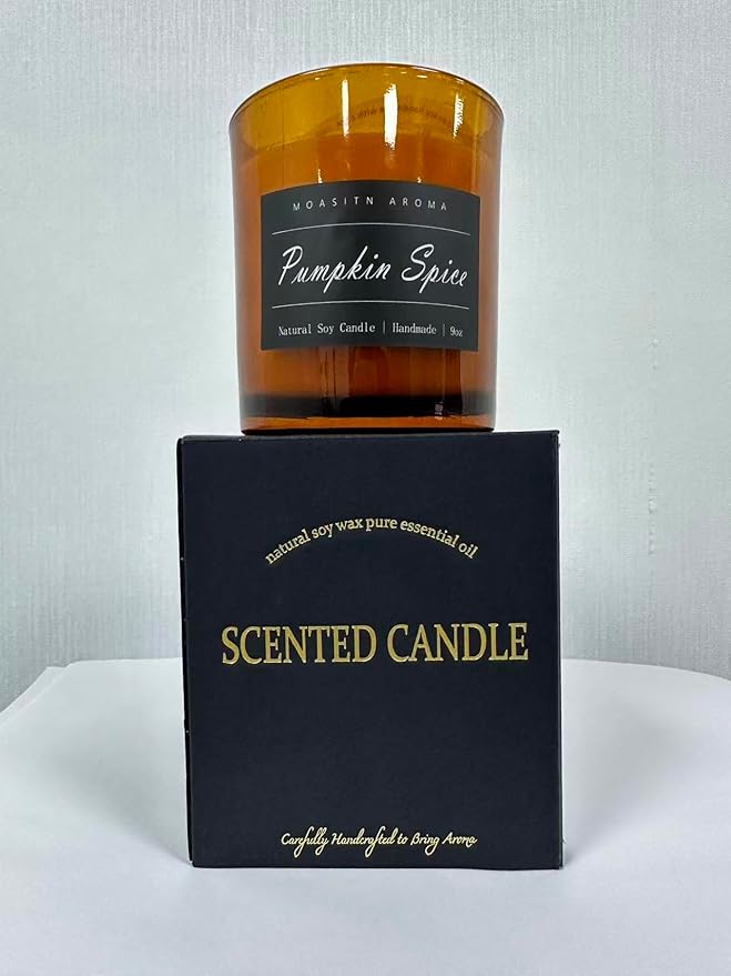 MOASITN Pumpkin Spice Strong Scented Large Luxurious Candles for Home| Organic Soy Fall Candles| Handmade Long Lasting Aromatherapy Jar Candel for Women,Men| as Autumn,Halloween,Relaxing Gifts| 9oz