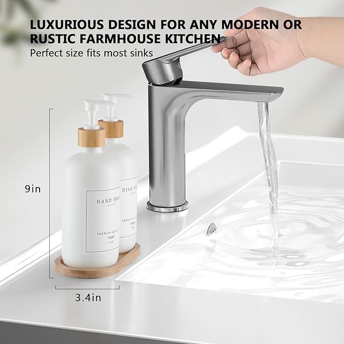 White Glass Soap Dispenser - Hand Dish Soap Dispenser Set for Kitchen, Bathroom with Sturdy Pump and Tray, 14 Waterproof Labels,Refillable Soap Lotion Dispenser-White