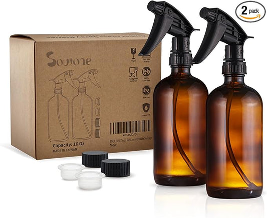 SOUL ONE 16 oz Refillable Amber Glass Spray Bottles with Adjustable Nozzles- 2 pack, Squirt Bottles for Cleaning Solutions, Essential Oils, Plants, Hair Misting - Ideal for Hydrogen Peroxide Storage
