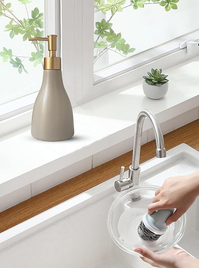 280ml Liquid Soap Dispenser for Bathroom with Gold Pump，Dish Soap Dispenser for Kitchen，Refillable Countertop Lotion Ceramics Khaki Hand Soap Dispenser for Shower