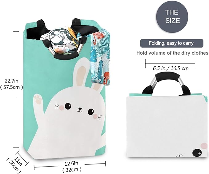 visesunny Easter White Rabbit Bunny Animal Large Laundry Hamper with Handle Foldable Durable Clothes Hamper Laundry Bag Toy Bin for Bathroom, Bedroom, Dorm, Travel