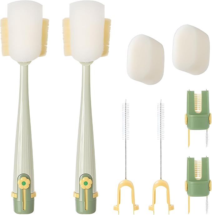 5 in 1 Bottle Cleaning Brush, 2025 New Travel Bottle Cleaner Kit, Long Handle Brush, Bottles Cleaner Brushes Set for Baby Bottles, Mugs, and Wine Glasses (2Green)