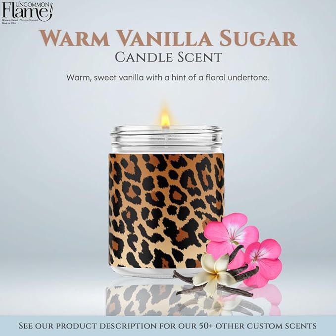 100% Handmade Non-toxic Soy Wax Candle, Warm Sweet Scent, 120hr Burn, Soot Free, Cotton Wick, 16 oz - Fun Animal Print, Cheetah Design (Leopard Print, Warm Vanilla Sugar)
