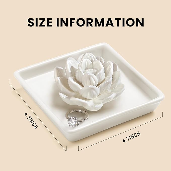 PUDDING CABIN White Lotus Ring Holder Dish, Jewelry Holder for Rings Earrings Necklace Bracelets Organizer, Birthday Wedding Christmas White Valentine's Day Gifts for Women Her