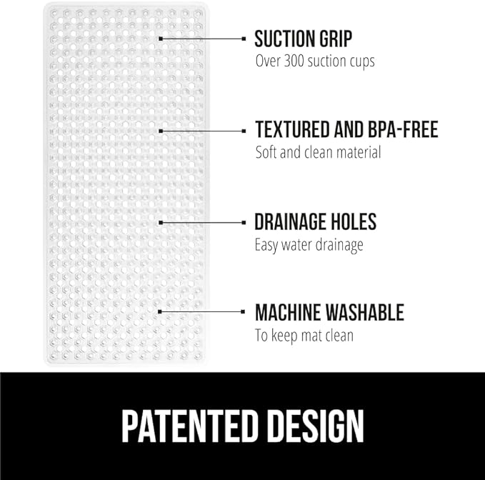 GORILLA GRIP Patented Bath Tub Shower Mat, 2 Pack, Machine Washable Bathtub Floor Liner Mats, Suction Cups and Drain Holes to Keep Tubs Clean, Soft on Feet, Bathroom Essentials, 35x16 Inch, Clear