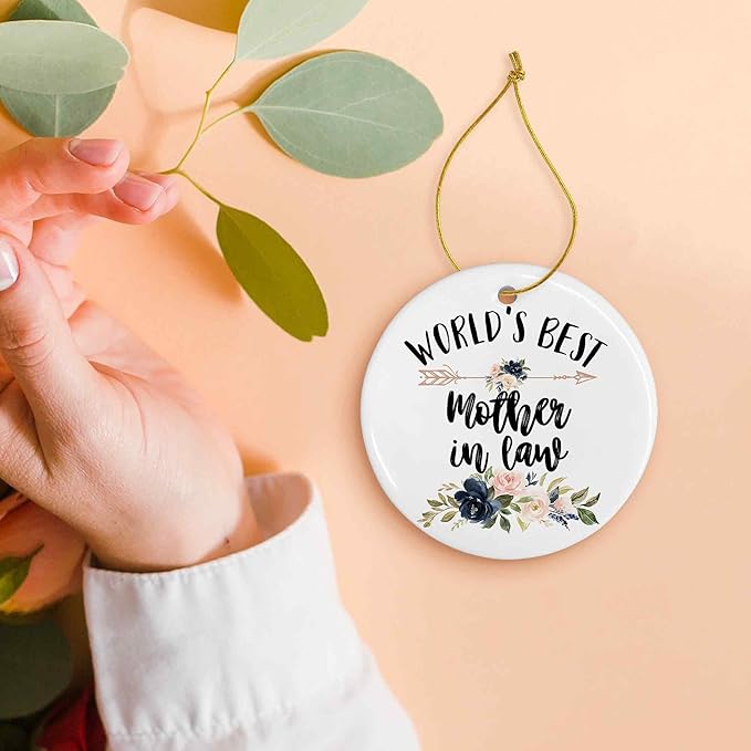 World's Best Mother in Law Ceramic Ornaments Gifts, Mother in Law Hanging Ornament Decor Decorations for Christmas Tree Car, Thank You Appreciation Gift for Mother in Law Birthday Mother's Day