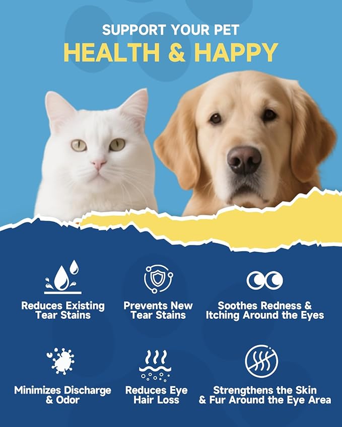 Tear Stain Remover for Dogs & Cats - Pet Tear Stain Supplement - Daily Support for Overall Eye Health - with Lutein, Zinc, Lactoferrin, Vitamins - Chicken Flavor Powder, for All Breeds