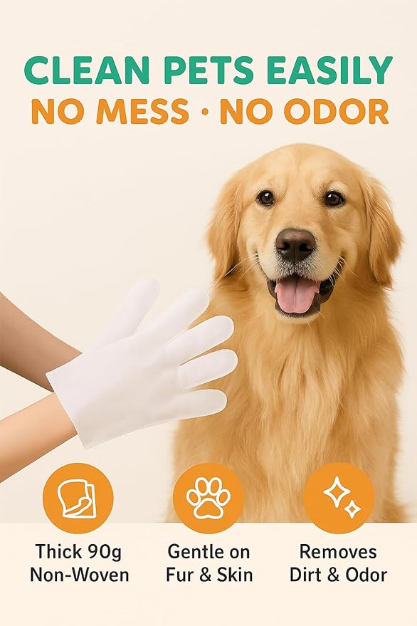 Disposable Pet Cleaning Gloves, Thickened Non-Woven Grooming Gloves for Dogs Cats, Portable Bathing & Deodorizing Wipes (6)